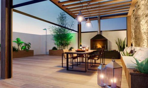 Pergolas1 3D illustration of urban terrace at twilight with fire place and wooden table. Teak wood bioclimatic pergola and flooring.